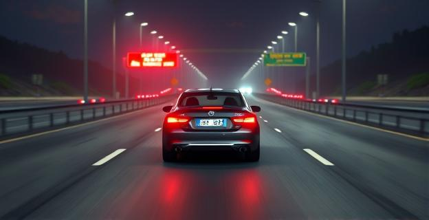 Imagen de un coche circulando en sentido contrario por una autovía con luces de Guardia Civil al fondo