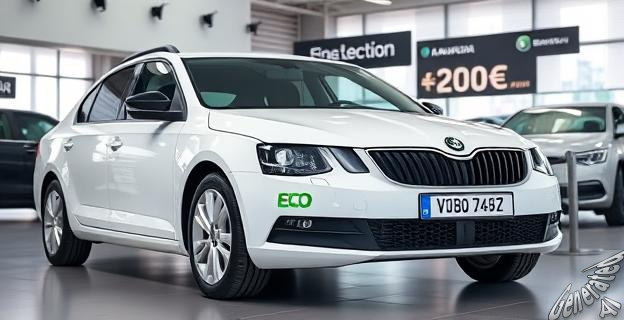 Un Skoda Octavia con etiqueta ECO en un concesionario, con un cartel que muestra 200 euros al mes.