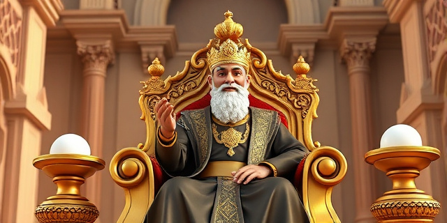 Un rey magrebí sentado en un trono, rodeado de símbolos islámicos y con un fondo de arquitectura árabe, mientras extiende su mano en gesto de perdón