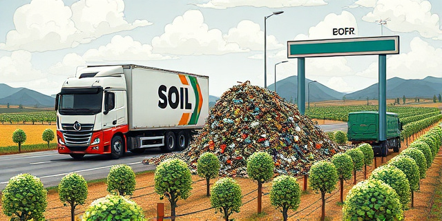 Una ilustración conceptual y satírica que muestra un camión de carga moderno cruzando una frontera europea. El camión tiene un cartel que dice 