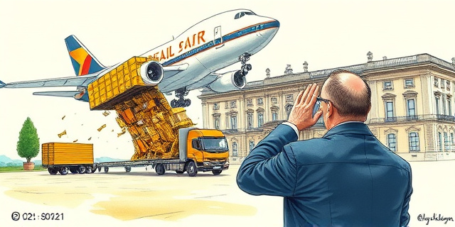 Una ilustración satírica al estilo de caricatura editorial de prensa. Se ve un avión Jumbo aterrizando y descargando una cantidad absurda de muebles dorados y opulentos en camiones de mudanza frente a un palacio clásico europeo. En primer plano, un hombre con traje diplomático cubre sus ojos con la mano mientras una sombra de un ciudadano común observa con incredulidad desde lejos. Colores contrastados, estilo acuarela y tinta.