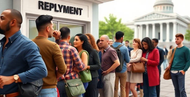 Una imagen que represente un grupo diverso de personas de diferentes edades y etnias haciendo cola frente a una oficina de empleo o un edificio gubernamental, con un fondo que sugiera una economía en crecimiento pero con un toque de incertidumbre o preocupación.