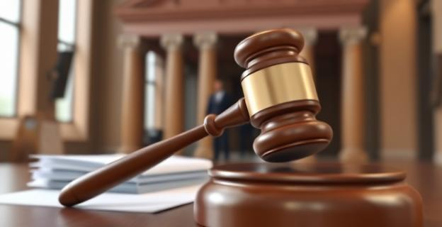 Imagen de un edificio judicial con un martillo de juez en primer plano y un fondo con documentos legales y una figura borrosa de una persona en un pasillo, representando la confidencialidad y el secreto profesional.