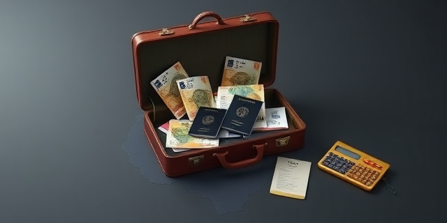 Una ilustración satírica de estilo editorial. Un maletín de cuero antiguo abierto del que brotan billetes de euros y pasaportes, situado sobre un mapa de Bolivia. Al lado, una tarjeta de embarque de clase business y una calculadora de oro. Fondo minimalista en tonos grises y azul marino, iluminación dramática de claroscuro.