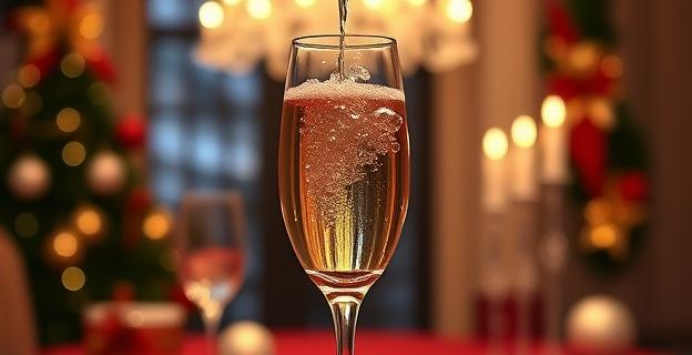Una copa de champán siendo llenada en un ángulo de 60 grados, con burbujas subiendo a la superficie, en un ambiente elegante de fiesta navideña