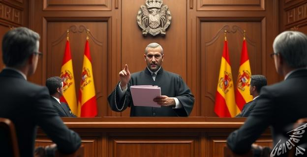 Un juez en una sala de tribunal con una sentencia en la mano, rodeado de abogados y con un fondo de banderas de España.