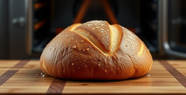 Una barra de pan crujiente sobre una superficie de madera, con un horno al fondo y gotas de agua alrededor del pan.