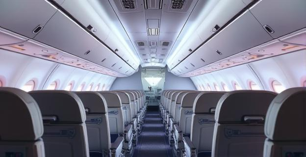 Interior de un avión con asientos vacíos, mostrando la parte delantera y trasera, con una cocina y baños al fondo. El ambiente es tranquilo en la parte delantera y ruidoso en la parte trasera.