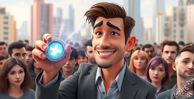 Un hombre con una expresión de excesiva confianza, con un ligero aire de narcisismo, sostiene un "detector de bulos" futurista que emite luces erráticas. A su alrededor, hay una multitud de personas con miradas escépticas y algunas con expresiones de ingenuidad, como si estuvieran en un foro público. El fondo es un paisaje urbano con edificios abstractos que sugieren una sociedad conectada pero desinformada. El estilo es realista con toques ligeramente caricaturescos para enfatizar los rasgos.