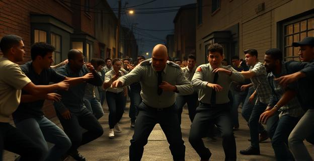 Una turba de jóvenes agresivos atacando a dos hombres uniformados en una calle oscura de un barrio conflictivo