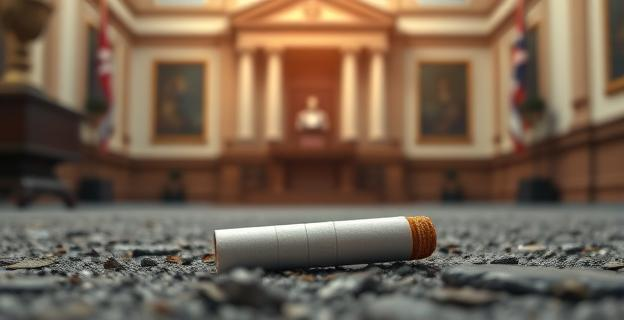 Una colilla de cigarrillo en el suelo con un fondo de un juzgado o un despacho de abogados