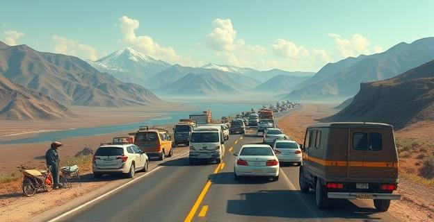 Una larga fila de vehículos varados en una autopista rodeada de montañas y valles, con puestos ambulantes improvisados a lo largo de la carretera.