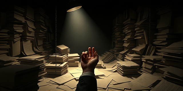 Una escena oscura y dramática. Un laberinto de papeles y expedientes judiciales iluminado por un único foco de luz que revela una mano manipulando hilos y trozos de un puzzle que no encajan. Estilo hiperrealista, con tonos sepia y sombras marcadas. El ambiente debe transmitir tensión, incertidumbre y la sensación de una verdad oculta.