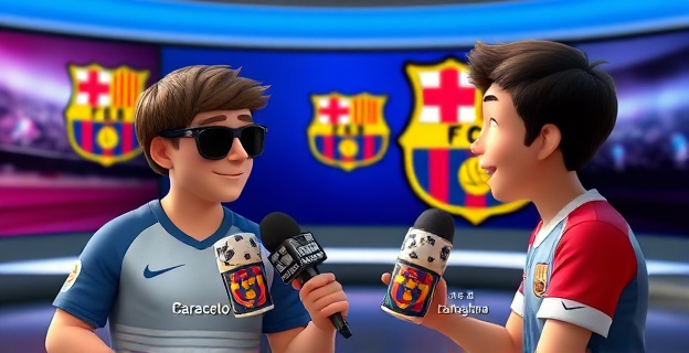 Una escena en un plató de televisión donde dos jóvenes futbolistas, uno con gafas de sol y otro con un equipo de música portátil, están siendo entrevistados en catalán. Ambos muestran dificultad para expresarse en el idioma y se ríen. Al fondo, se ve un logo del FC Barcelona.