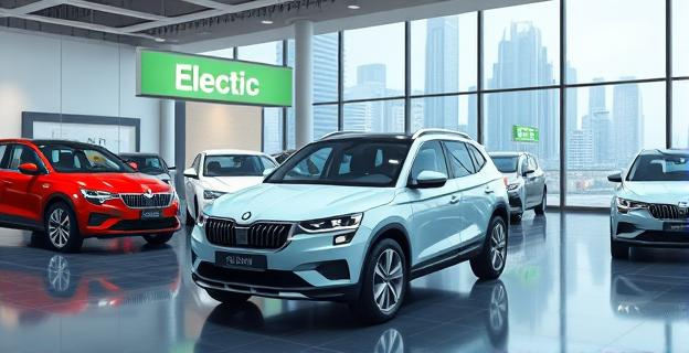 Imagen de un concesionario de coches eléctricos con varios modelos en exposición, destacando un Skoda eléctrico en primer plano, con un fondo de ciudad futurista y elementos que sugieren tecnología y sostenibilidad.