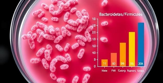 Imagen de una placa de Petri con colonias de bacterias intestinales y un gráfico de barras mostrando la proporción Bacteroidetes/Firmicutes