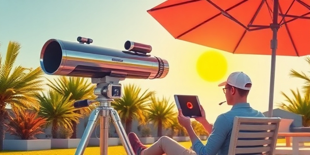 Una ilustración conceptual y satírica de un telescopio futurista y elegante conectado a un smartphone, situado en un jardín soleado. El telescopio apunta al sol, pero el usuario está cómodamente sentado bajo una sombrilla bebiendo un refresco, mirando la imagen del sol en la pantalla de la tablet. Estilo artístico digital moderno, colores vibrantes, atmósfera de lujo tecnológico y ocio.