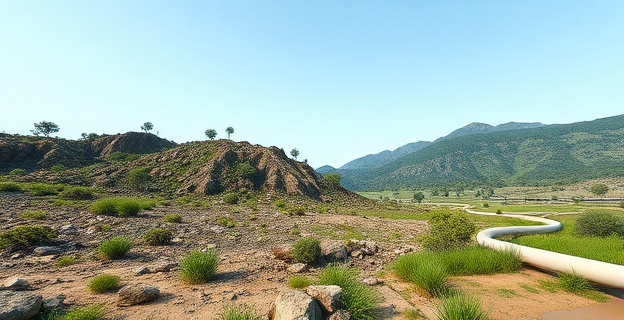Imagen de un paisaje natural degradado con elementos que representan la intervención humana perjudicial, como maquinaria pesada o tuberías de regadío, contrastando con áreas protegidas y naturales prístinas.