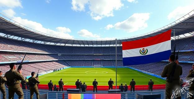 Imagen de un estadio de fútbol con banderas de Honduras y El Salvador, y soldados en el campo de juego