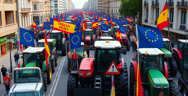 Imagen de una gran tractorada en Madrid con manifestantes y pancartas protestando contra el acuerdo entre la Unión Europea y Mercosur, con un fondo de ciudad bulliciosa y vehículos agrícolas