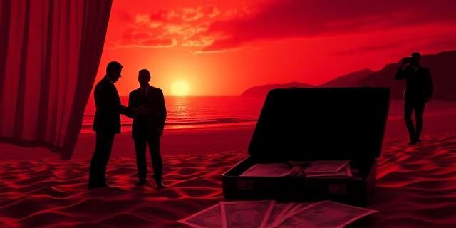 
  Imagen surrealista y oscura de una playa en Cabo de Gata al atardecer, con siluetas de dos figuras abrazadas en la arena (una con traje ministerial, otra con corbata arrugada). Al fondo, un hotel de lujo con cortinas entreabiertas que revelan sombras de reuniones clandestinas. En primer plano, un maletín abierto con billetes y contratos públicos esparcidos como naipes. El cielo tiene tonos rojizos, como si el sol se escondiera tras una nube de humo de cigarrillo político. Detalles: un testigo anónimo toma fotos con un móvil desde lejos, mientras en la distancia se ven siluetas de agentes de la Guardia Civil observando con prismáticos. Estilo: fotografía analógica en blanco y negro con toques de rojo sangre en los bordes, como un negativo de escándalo.