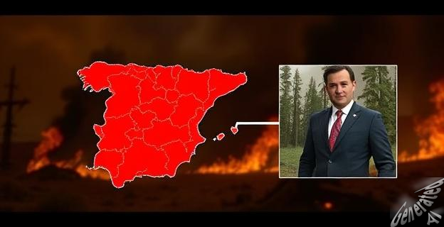 Un mapa de España con zonas rojas que indican incendios forestales, y una imagen de Pedro Sánchez visitando una zona afectada, con un fondo de humo y llamas.