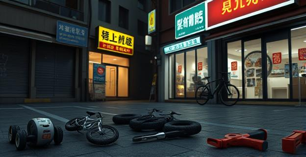 Imagen de una escena nocturna con comercios cerrados y escaparates rotos, con restos de productos de lujo y bicicletas de alta gama en el suelo, y herramientas y dispositivos de inhibición de alarma en primer plano.