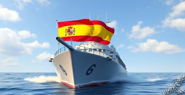 Un buque de guerra español con bandera española y cañones israelíes navegando hacia Gaza