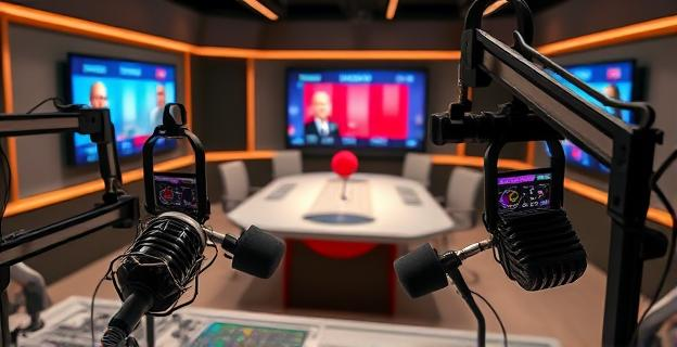 Una cabina de radio con micrófonos y equipo de sonido profesional, con una mesa de tertulia política al fondo y una pantalla mostrando resultados electorales