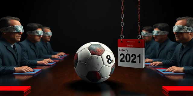 Una ilustración conceptual estilo editorial periodístico. Una mesa de juntas gubernamental lujosa y oscura donde los asistentes tienen vendas en los ojos hechas de billetes de banco. En el centro de la mesa, un balón de fútbol antiguo se desinfla mientras cae un calendario con fechas de febrero de 2021. Fondo minimalista, sombras dramáticas, colores sobrios con acentos en rojo y azul.