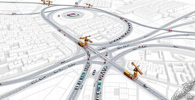 Imagen de un mapa de Madrid con zonas de obras y tráfico congestionado