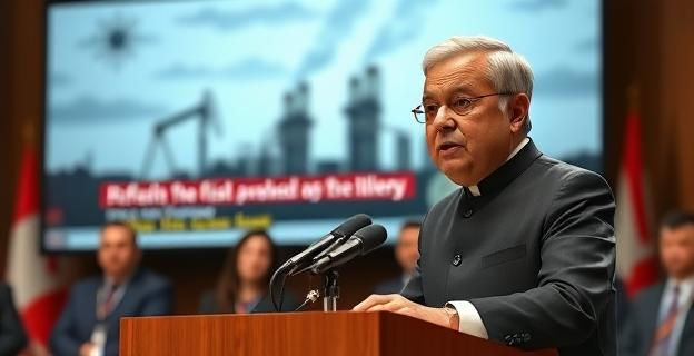 Imagen de una rueda de prensa con un ministro hablando ante un micrófono, con un fondo que muestra un titular de prensa sobre una refinería. La escena refleja tensión y expectación.