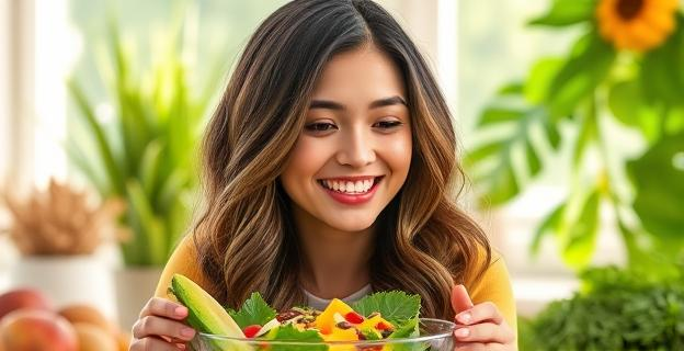 Imagen de una mujer con cabello saludable sonriendo mientras come una ensalada con mango, huevos y semillas, rodeada de frutas y verduras frescas en un entorno luminoso y natural