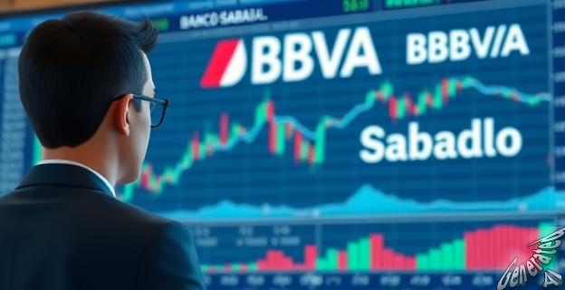 Un hombre de negocios mirando un gráfico financiero con el logotipo de BBVA y Banco Sabadell en el fondo.