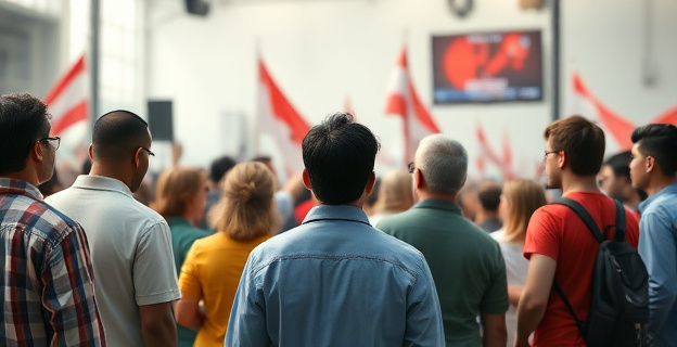 Una imagen que refleje la tensión entre un grupo de personas de diferentes orígenes culturales y un medio de comunicación que emite mensajes controvertidos, con un ambiente de división y debate intenso.