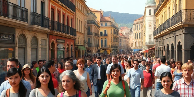 Una imagen de una ciudad española con una gran cantidad de personas de diferentes culturas y edades, con un fondo de edificios y calles llenas de vida