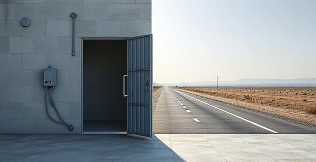 Una celda de prisión vacía con una puerta abierta, simbolizando la liberación de presos de ETA. Al fondo, una carretera desierta que se extiende hacia el horizonte.