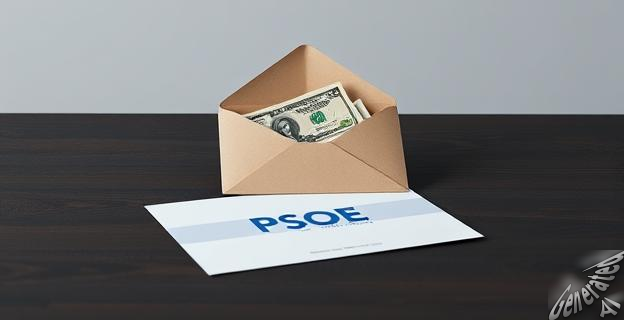 Una imagen de un sobre con dinero en efectivo y un documento con el logotipo del PSOE en una mesa de madera oscura, con un fondo neutro que resalta los elementos principales.