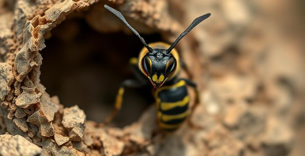 Imagen de una avispa asiática (Vespa velutina) con abdomen oscuro y tamaño considerable, cerca de un nido, en un entorno natural español