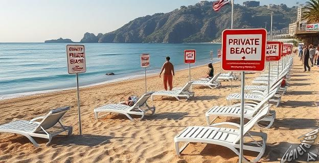 Imagen de una playa italiana con hamacas vacías y carteles de 