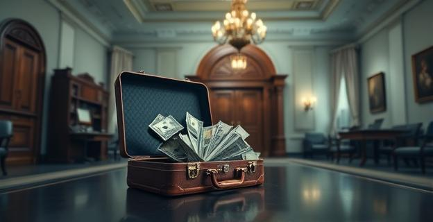 Maletín con dinero en efectivo en una oficina gubernamental con un ambiente de sospecha y secretismo