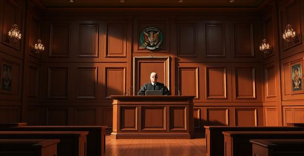 Imagen de un tribunal de justicia con un juez en el estrado y un ambiente serio, representando la gravedad de una condena judicial.