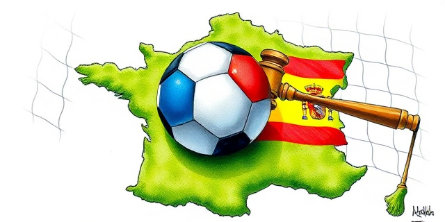 Una ilustración satírica estilo caricatura editorial. Un mapa de Francia hecho de césped de fútbol, donde un balón de fútbol clásico está siendo golpeado por un mazo de juez. Alrededor, banderas francesas y españolas entrelazadas en una red de portería, con un estilo de dibujo a tinta y acuarela, colores vibrantes pero tono crítico.