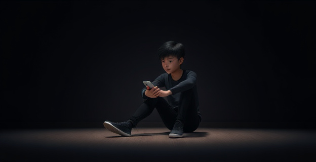 Imagen de un joven sentado solo en una habitación oscura con un teléfono móvil en la mano, reflejando tristeza y aislamiento