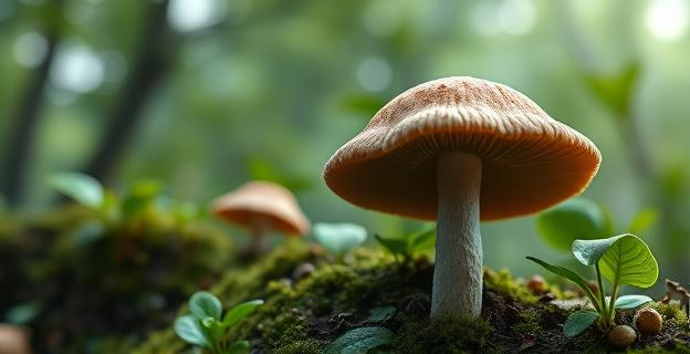 Imagen de un hongo reishi creciendo en una zona húmeda y cálida de Asia, con un fondo verde y detalles de la textura del hongo