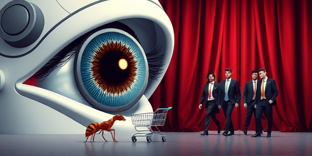 Una ilustración conceptual y satírica. Un enorme ojo mecánico y digital (estilo vigilancia) que mira con lupa a una pequeña hormiga con un carrito de la compra, mientras ignora deliberadamente a un grupo de figuras elegantes que caminan detrás de una cortina de terciopelo rojo. Estilo editorial, colores contrastados, atmósfera de ironía burocrática.