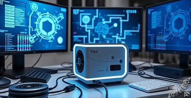 Un escritorio con un dispositivo compacto y futurista, rodeado de cables y pantallas que muestran gráficos y datos de inteligencia artificial