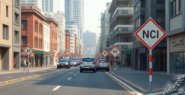 Una calle transitada con señales de obras en la calzada, en el contexto de una ciudad con edificios de viviendas y negocios.