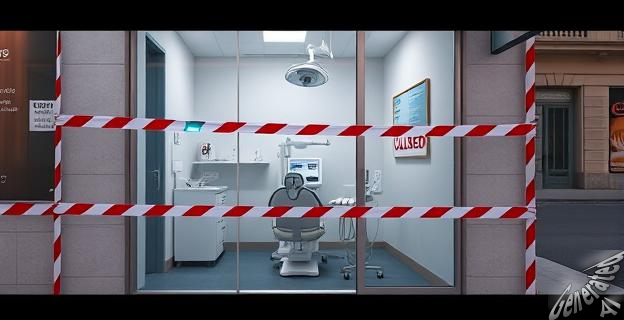 Una clínica dental cerrada con sellos policiales en una calle de Madrid, con un cartel de 