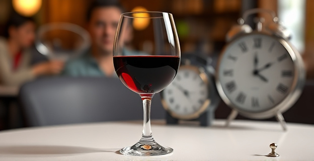 Una representación conceptual de un vaso de vino tinto sobre una mesa, con un fondo borroso que sugiere un entorno social. Al lado del vaso, un reloj o un calendario que simboliza el paso del tiempo y los hábitos diarios. En el vaso, una sombra o reflejo que sugiere la presencia del alcohol de manera prominente, con un contraste que resalta su importancia.